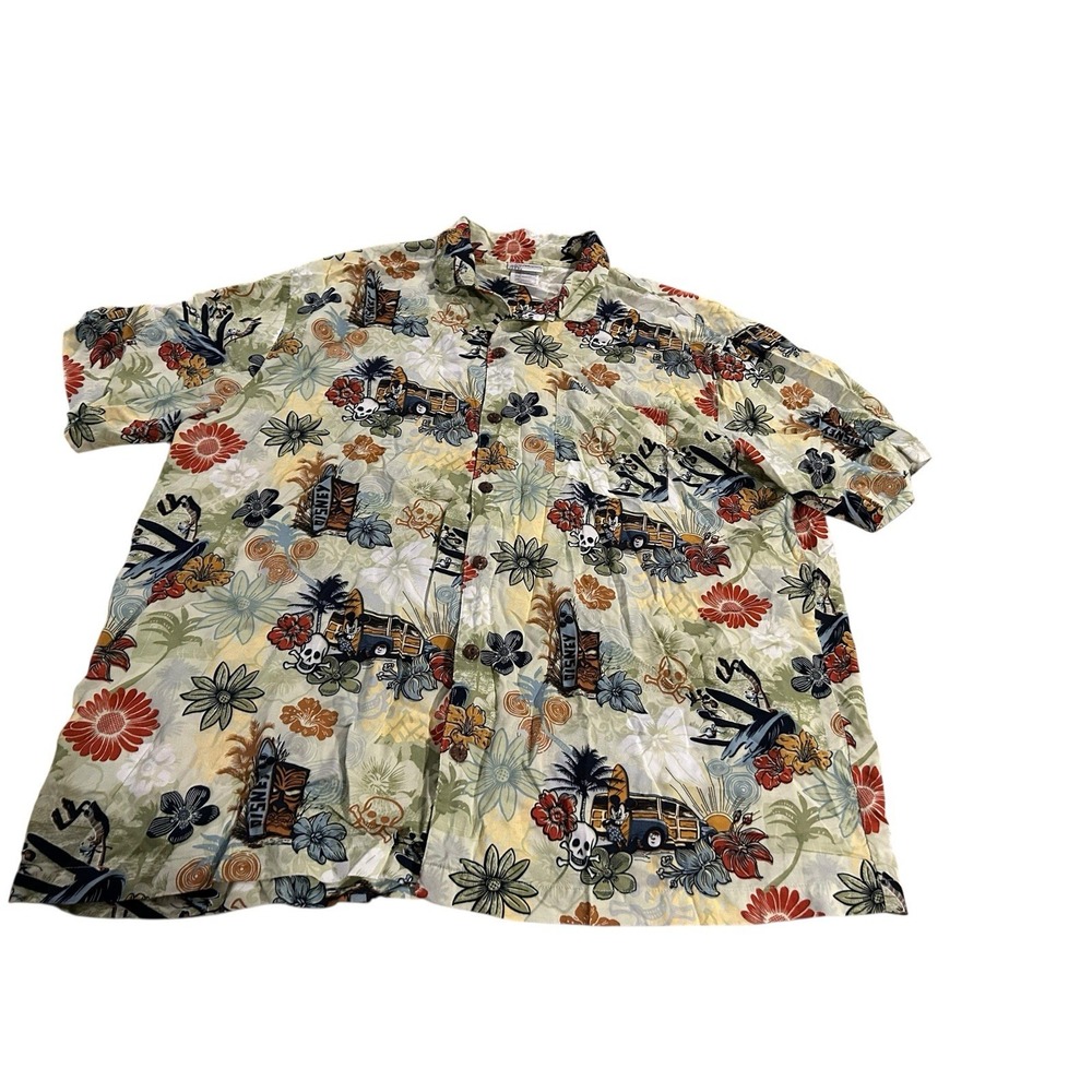 Walt Disney World Mens 2XL Hawaiian Shirt Mickey Mouse Tiki Woody Skull Surf